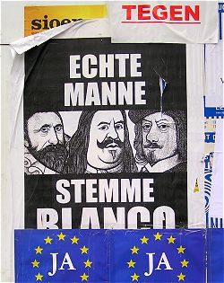 poster met tekst 'Echte manne stemme blanco'