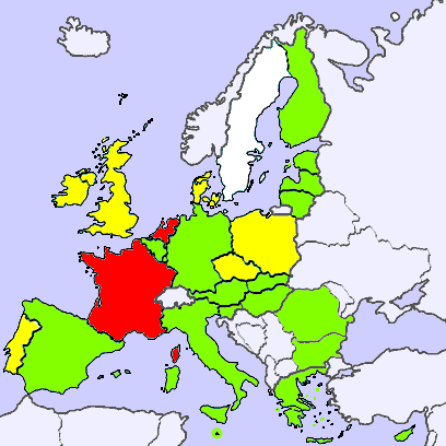 Kaart van Europa waarop de stand van zaken rond de Europese grondwet is aangegeven met kleuren.